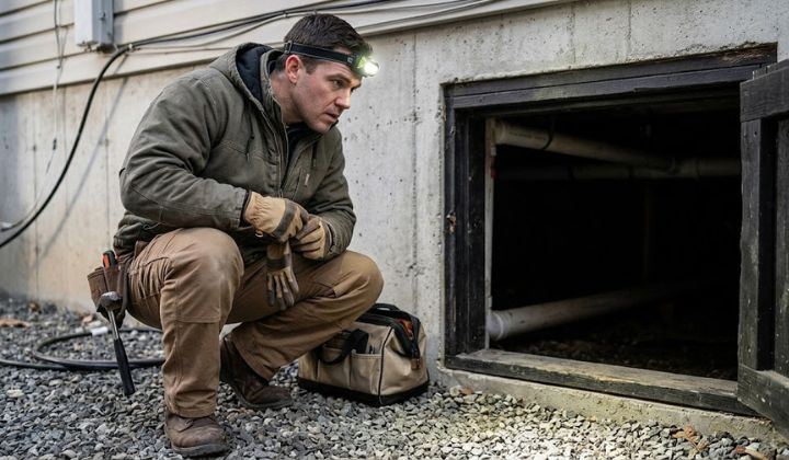 Greensboro Rodent Control technician performing a crawl-space rodent inspection