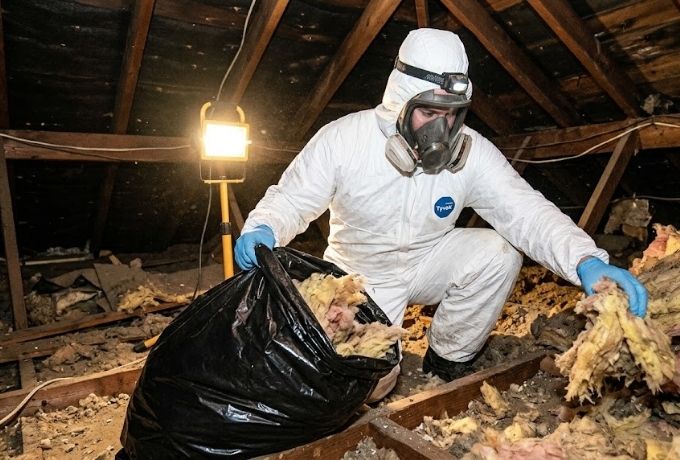 Technician applying antimicrobial solution to attic joists — attic cleanup Greensboro