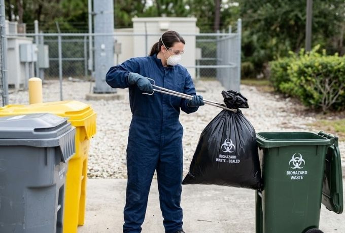 Technician in gloves and respirator performing dead rodent removal from a wall cavity