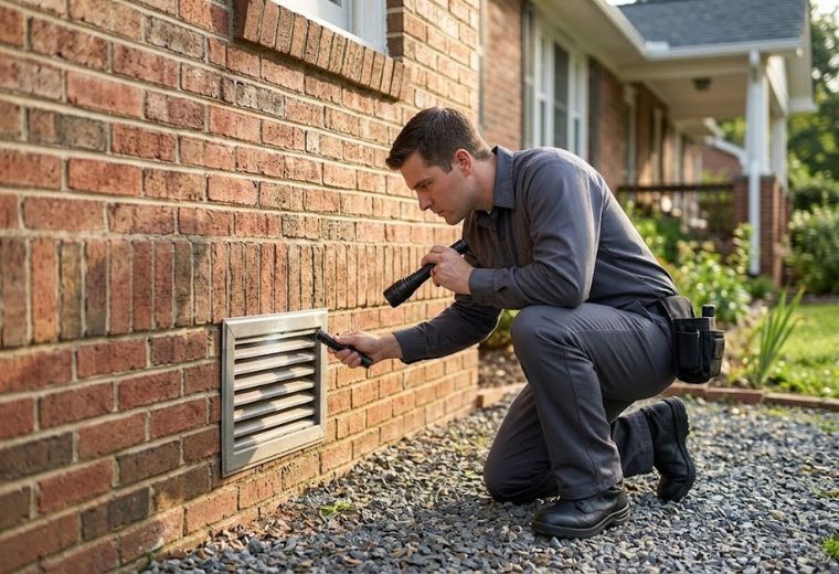 Greensboro Rodent Control technician inspecting a crawl-space foundation vent