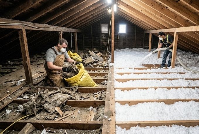 Contaminated insulation removal and replacement after rodent damage in Greensboro attic