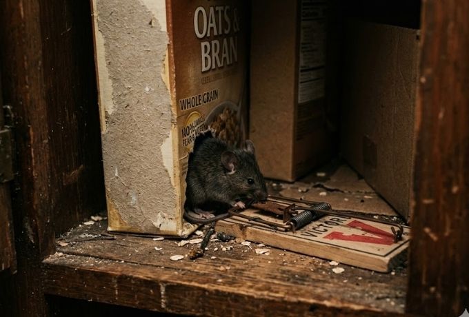 House mouse entering through a cabinet gap — mice control services in Greensboro NC