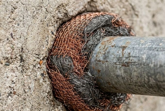 Copper mesh being packed into a pipe penetration gap — mouse-proofing Greensboro