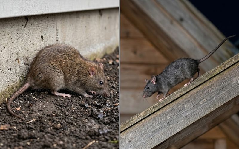 Side-by-side comparison of Norway rat and roof rat showing size difference, tail length, and body shape