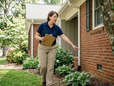 Step 1: technician inspecting a Greensboro home for rodent entry points