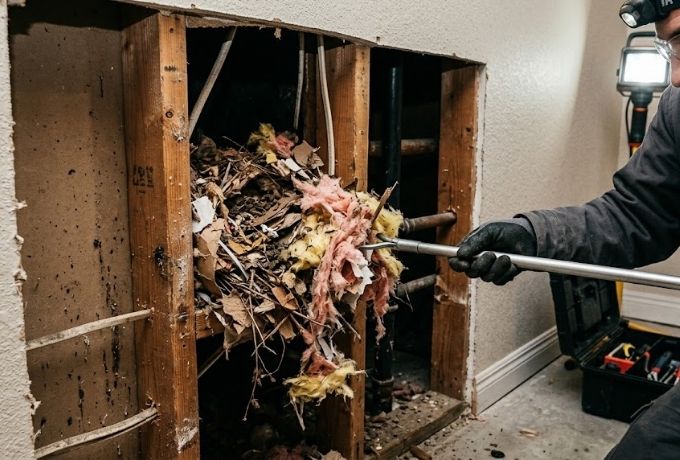 Rat nest in shredded attic insulation — rat nest removal service Greensboro