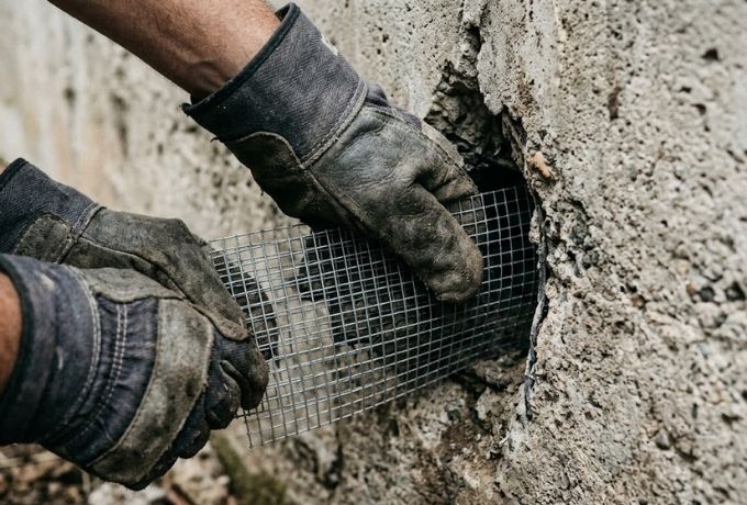 Hardware cloth frame being installed over a foundation vent — rodent exclusion sealing