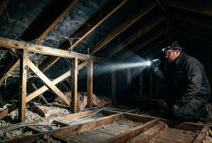Technician with clipboard performing a rodent inspection at a Greensboro property